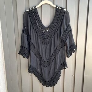 80s Boho Crochet Tunic Top Black Large